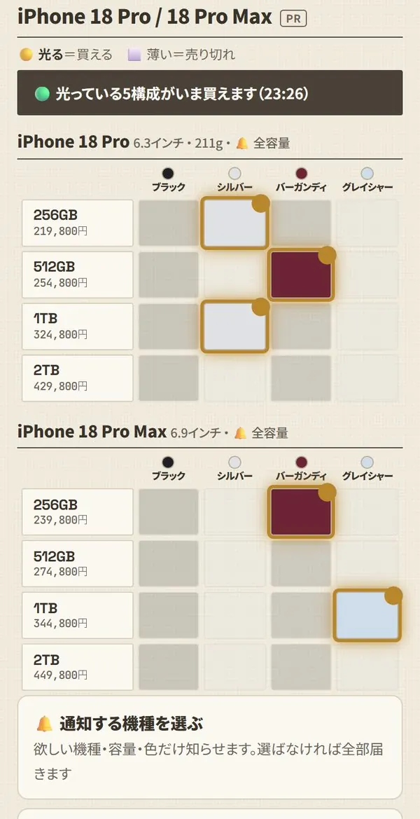 iPhone 在庫レーダーの画面。在庫が出た容量と色のマスが金色に光っている