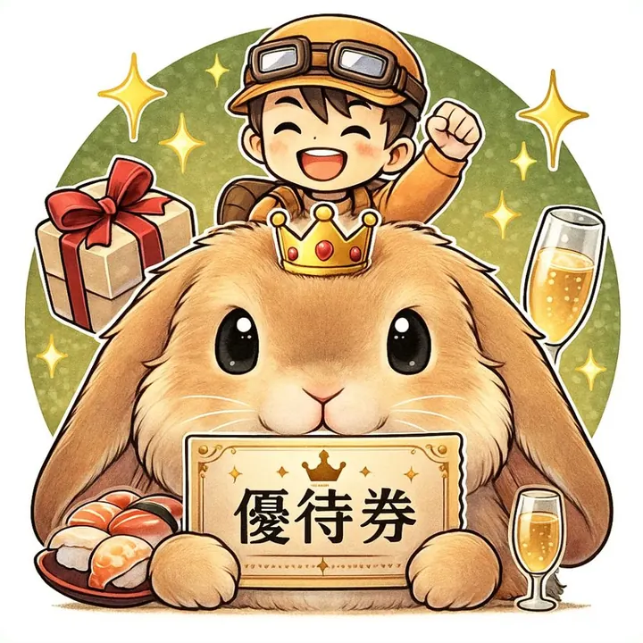 優待券を抱えた、ざぶクロのマスコットのうさぎ